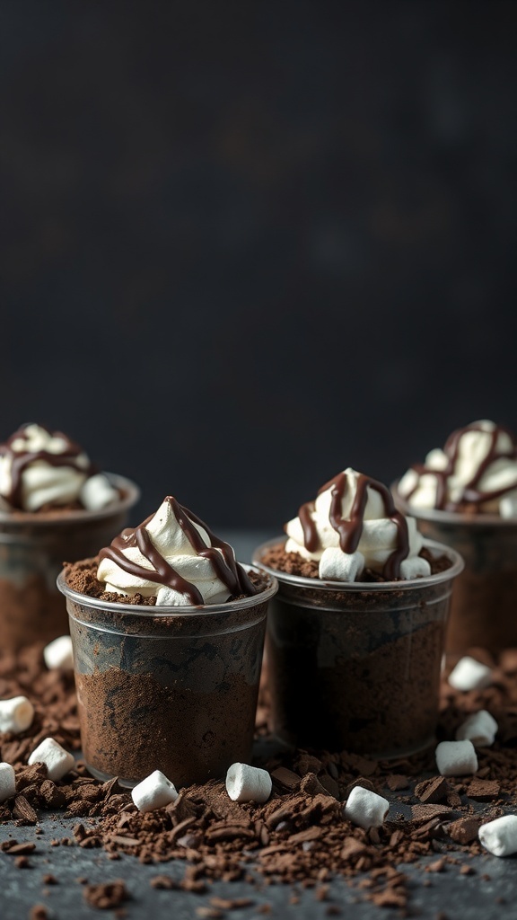 Halloween dirt cups with chocolate pudding, whipped cream, and marshmallows