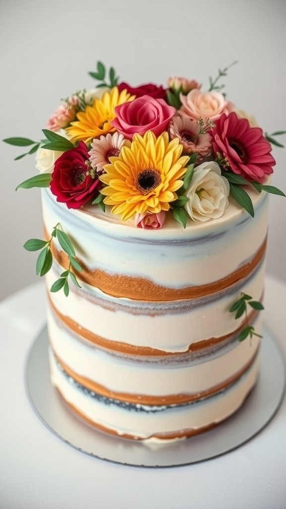 A beautifully decorated naked cake topped with fresh flowers.