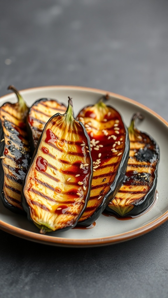 Grilled eggplant slices topped with miso glaze and sesame seeds on a plate.