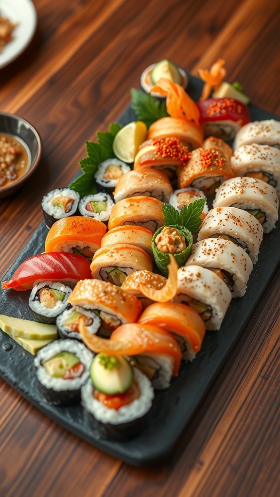 A beautifully arranged sushi platter featuring various types of sushi rolls on a wooden table.