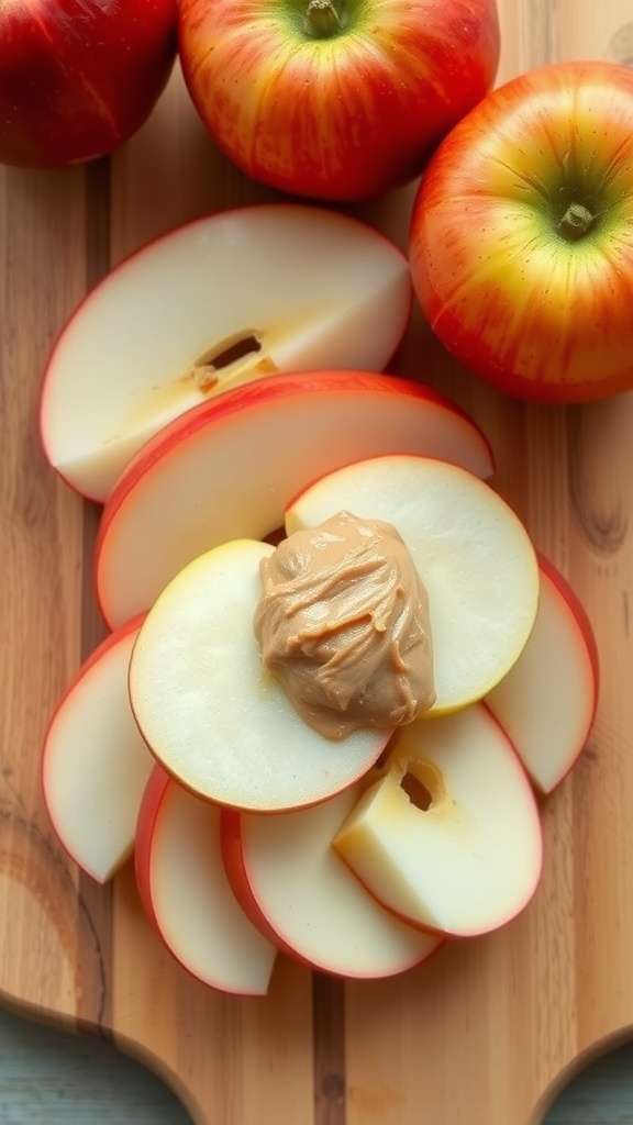 Sliced apples with nut butter on a wooden board