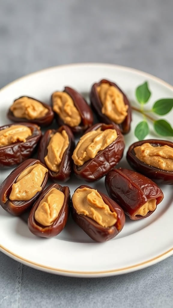 A plate of nut butter stuffed dates, showcasing the creamy filling in each date.
