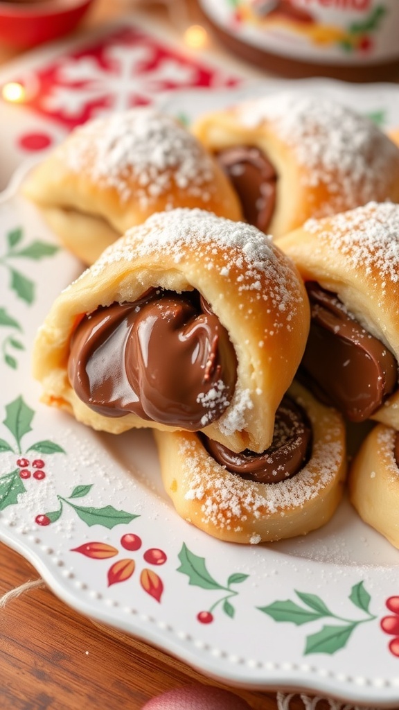 Nutella-stuffed crescent rolls on a decorative plate, dusted with powdered sugar.