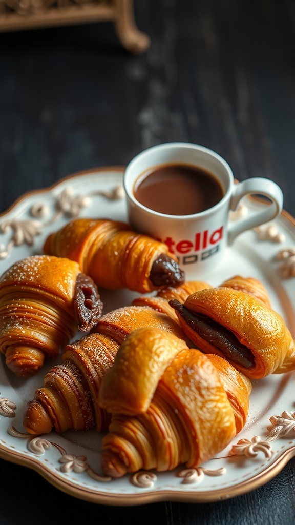 Nutella-stuffed croissants on a plate with a cup of coffee