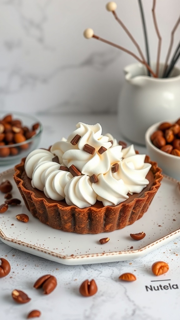 Nutella hazelnut pie topped with whipped cream and garnished with hazelnuts