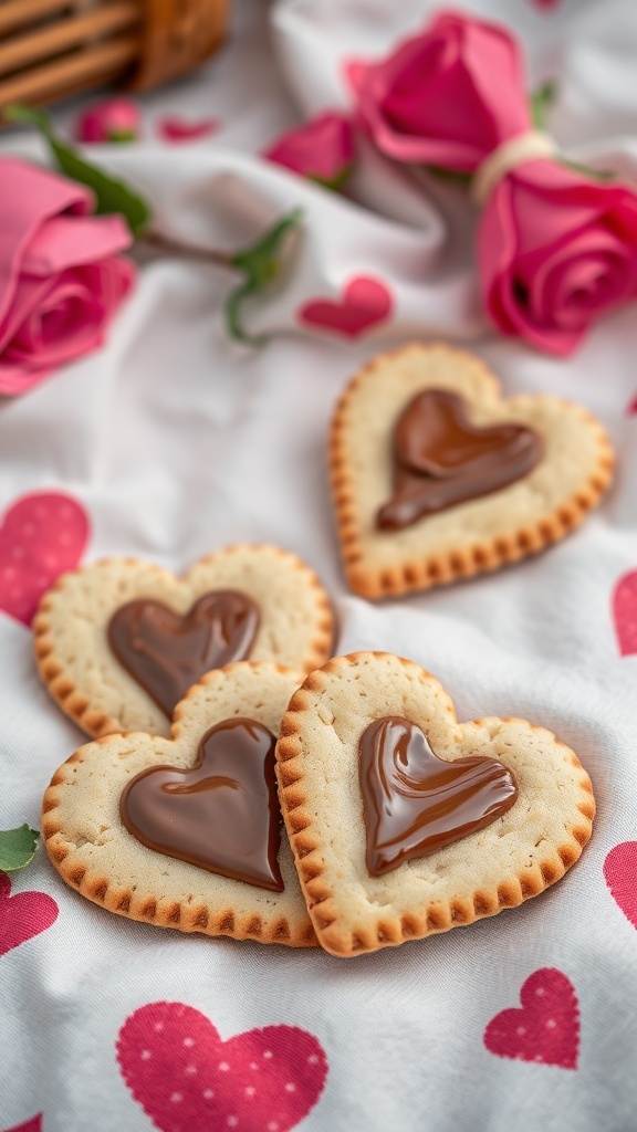 Nutella stuffed heart cookies on a table with pink roses and heart decorations