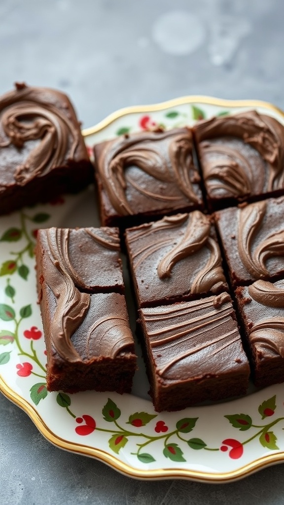 A plate of Nutella swirl brownies cut into squares, showcasing a glossy chocolate topping.