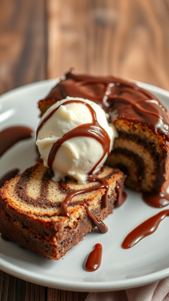A slice of Nutella swirl cake topped with ice cream and chocolate drizzle on a plate.