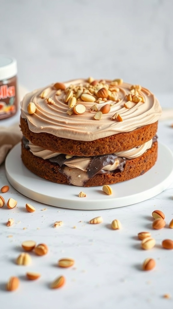 A Nutella Swirl Cake with hazelnuts on top, showcasing layers of chocolate frosting.