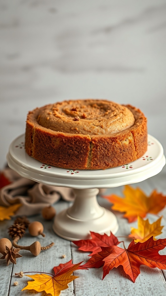 A Nutmeg and Brown Sugar Cake on a white cake stand surrounded by autumn leaves and rustic decor.