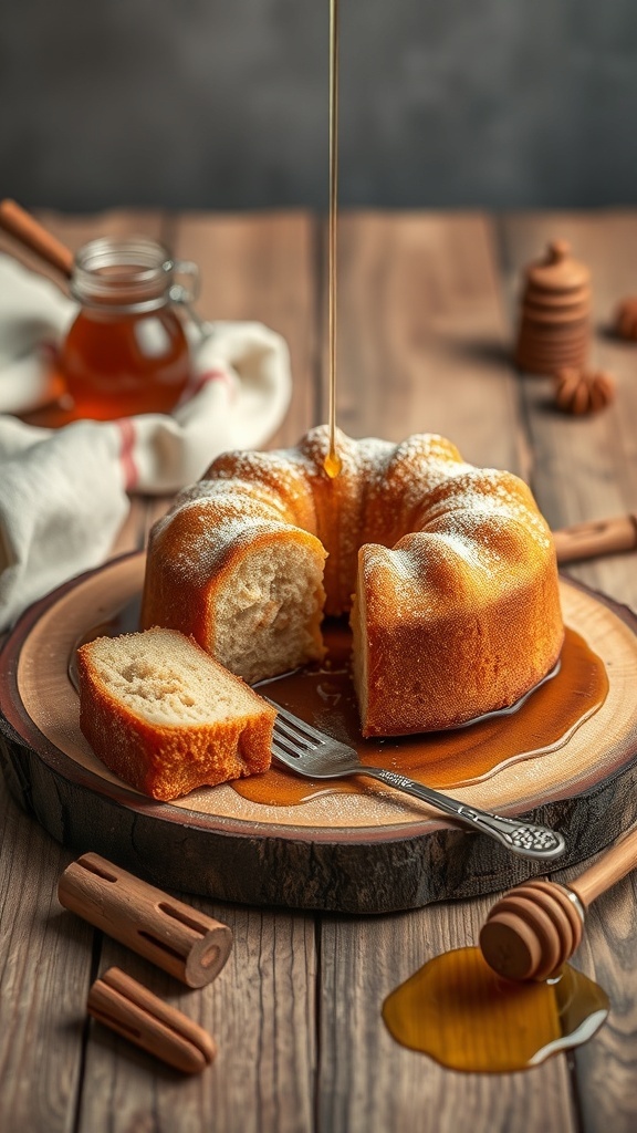 A moist bundt cake drizzled with honey, surrounded by honey dippers and a jar of honey on a wooden platter.