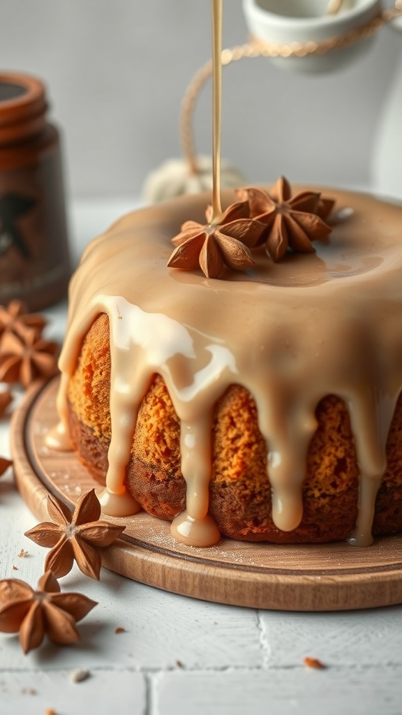 A beautifully glazed Nutmeg and Maple Cake topped with star anise.