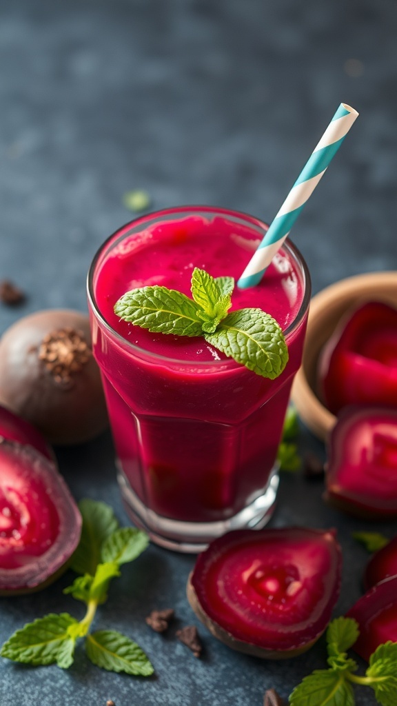A vibrant beet smoothie in a glass with a mint leaf on top, surrounded by sliced beets and mint leaves.