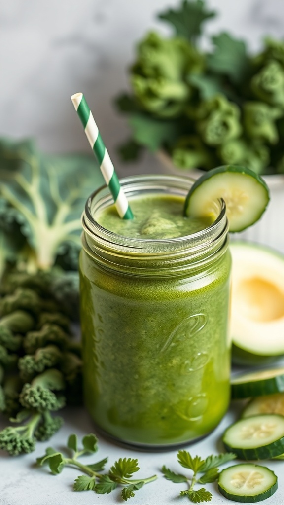 A green detox smoothie in a jar with a straw, surrounded by fresh vegetables.