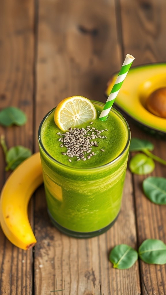 A green smoothie in a glass with a lemon slice and chia seeds, next to a banana and avocado on a wooden table.