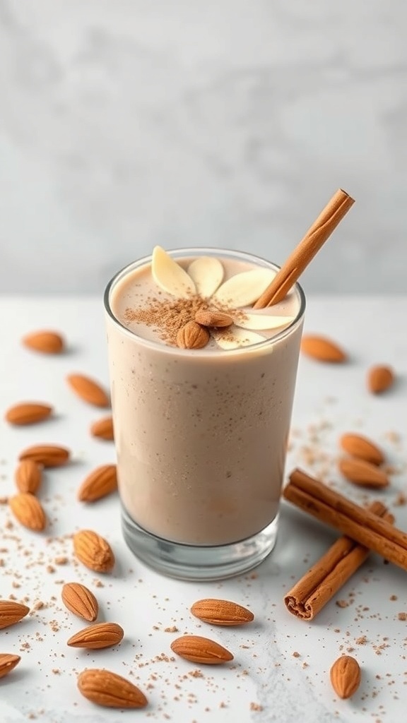 A Nutty Almond Smoothie in a glass, garnished with banana slices, almonds, and a cinnamon stick, surrounded by whole almonds and cinnamon sticks.