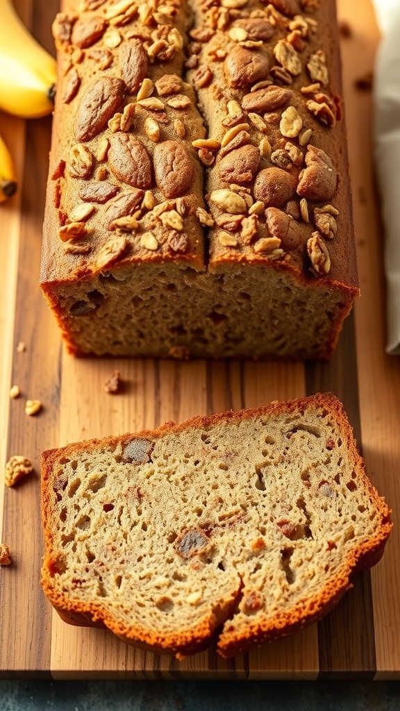 A loaf of banana bread sliced on a wooden board with bananas beside it.