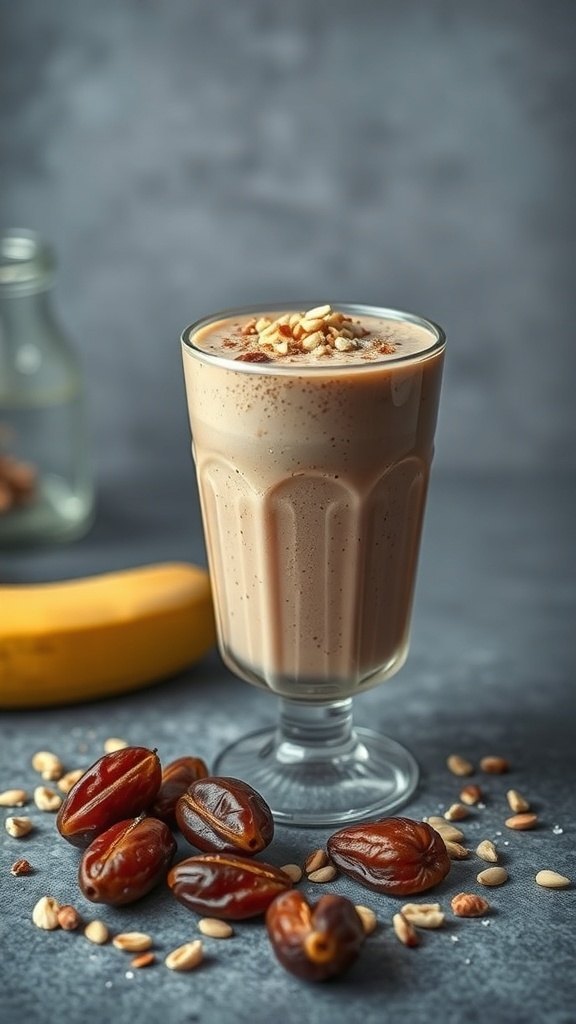 A glass of Nutty Banana Date Smoothie topped with nuts, with dates and a banana in the background.