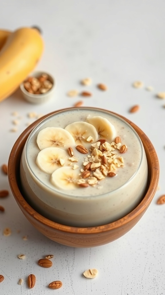 Nutty Banana Oat Smoothie topped with banana slices, oats, and nuts in a wooden bowl.