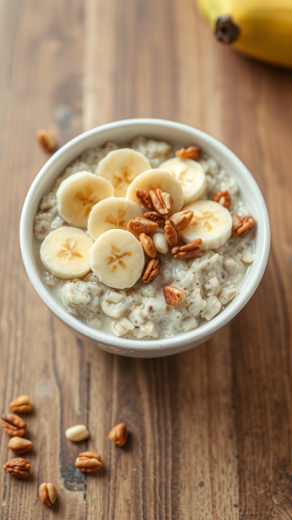 A bowl of oatmeal topped with sliced bananas and nuts on a wooden table.