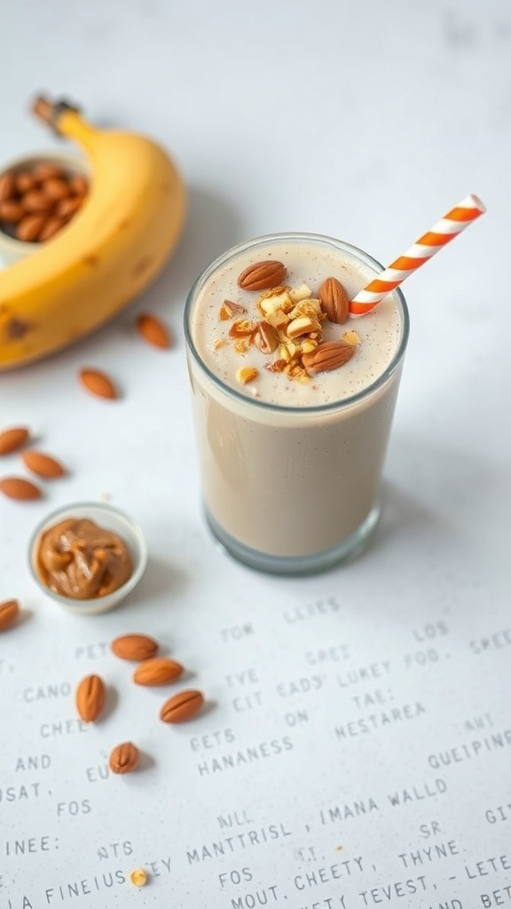 A Nutty Banana Smoothie in a glass, topped with almonds and a striped straw, with a banana and almonds in the background.