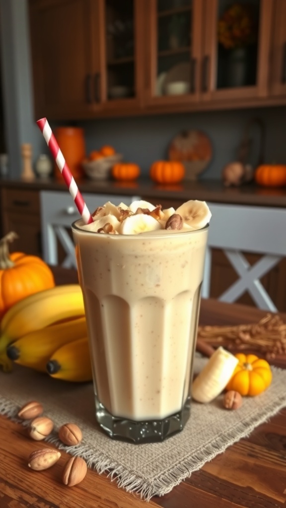 A Nutty Banana Smoothie in a tall glass, topped with sliced bananas and nuts, with bananas and pumpkins in the background.