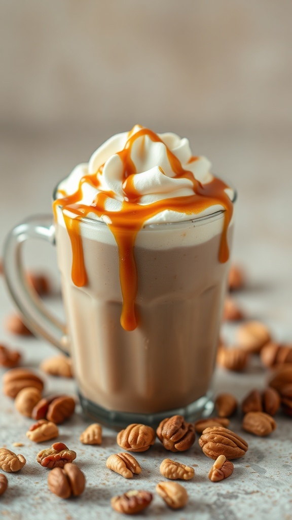 A delicious cup of nutty caramel coffee topped with whipped cream and caramel drizzle, surrounded by pecans.