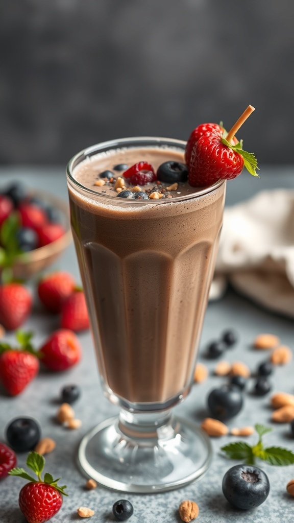 A tall glass of Nutty Chocolate Berry Smoothie topped with strawberries and blueberries, surrounded by fresh berries and nuts.