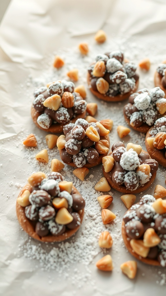 Nutty chocolate clusters with various nuts and powdered sugar on parchment paper.