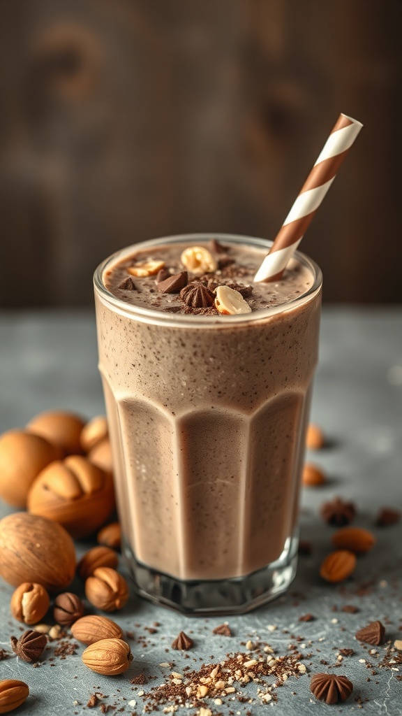 A glass of Nutty Chocolate Smoothie topped with nuts and a striped straw, surrounded by various nuts on a table.