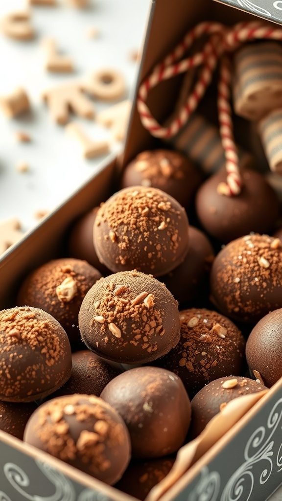 A box filled with nutty chocolate truffles, decorated with crushed nuts and festive elements.