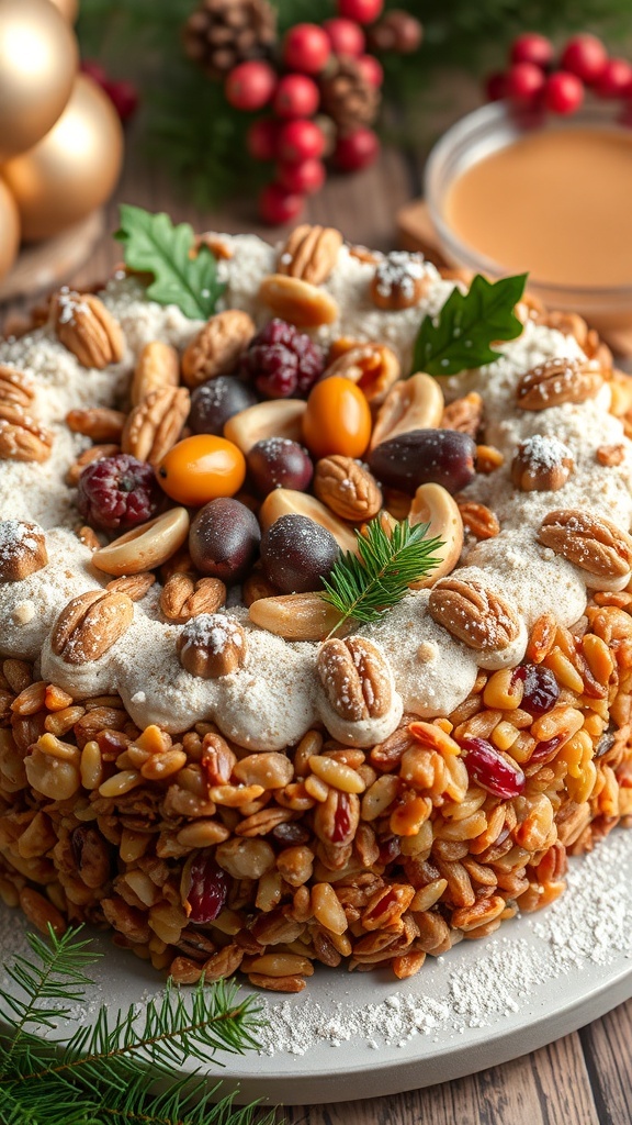 A beautifully decorated nutty Christmas cake topped with dried fruits and nuts, surrounded by festive decorations.