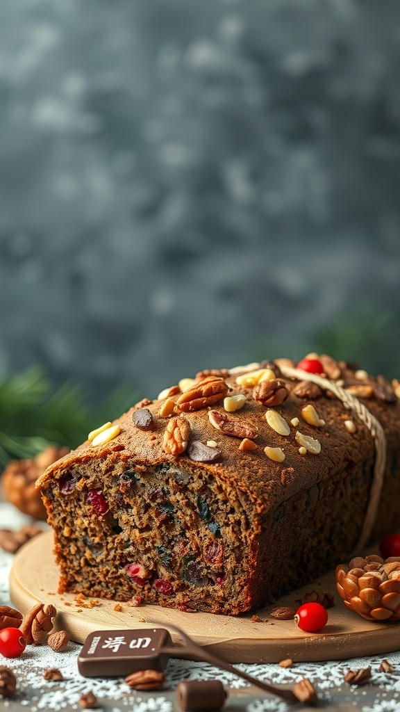 A loaf of nutty fruitcake bread topped with nuts, surrounded by festive decorations.