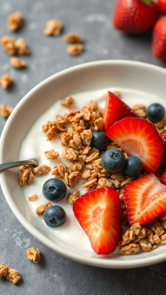 A bowl of yogurt topped with granola, strawberries, and blueberries.