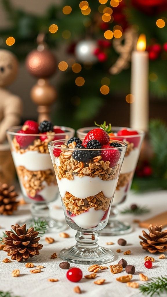 Nutty granola parfaits with layers of yogurt, granola, and mixed berries, decorated for Christmas brunch.
