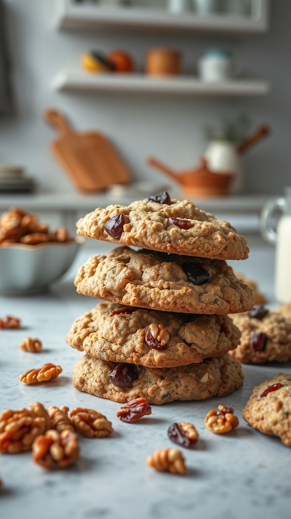 A stack of nutty oatmeal raisin cookies with walnuts and raisins scattered around.
