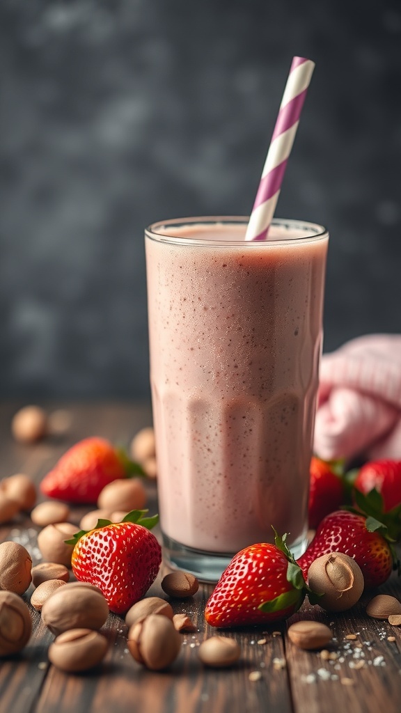 A refreshing strawberry smoothie with hazelnuts, garnished with a striped straw and surrounded by fresh strawberries and nuts.