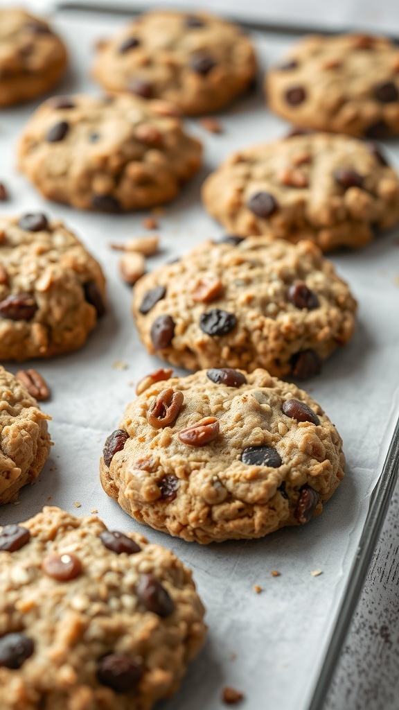 A tray of oatmeal raisin cookies with chocolate chips and nuts