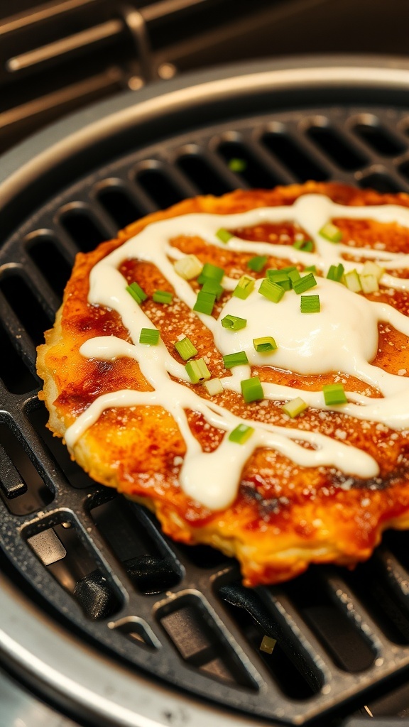 A delicious okonomiyaki savory pancake topped with green onions and sauce.