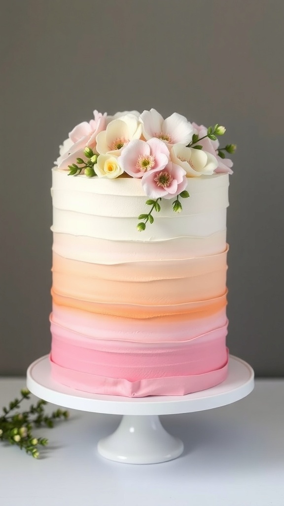 Ombre buttercream cake with floral accents, featuring a gradient from white to pink and topped with flowers.