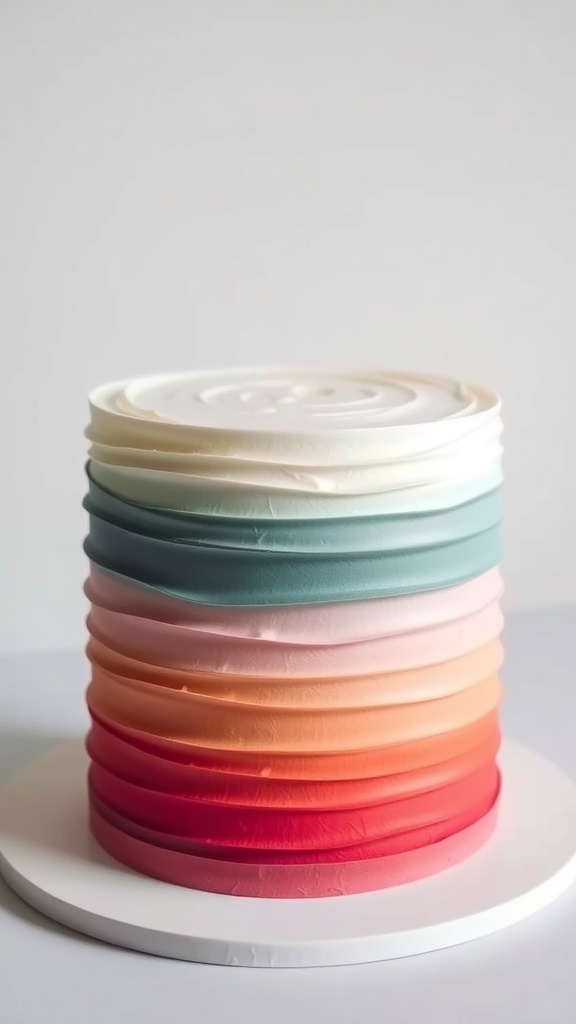 A colorful ombre layered cake with smooth frosting.