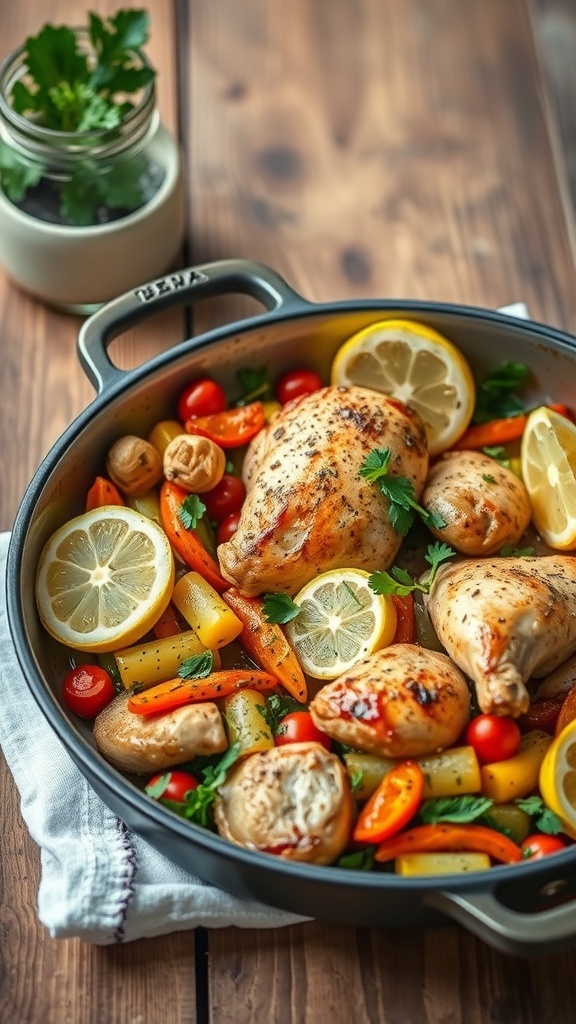 A one-pan meal featuring lemon garlic chicken and colorful vegetables.