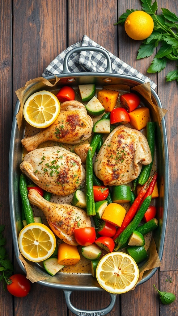 A pan of roasted lemon garlic chicken with colorful vegetables