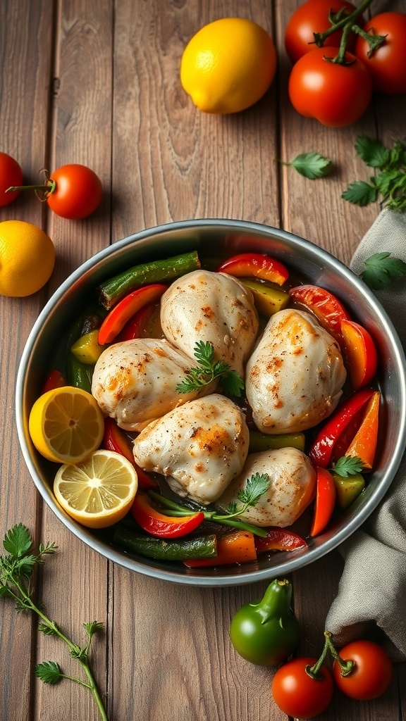 A pan with lemon garlic chicken, colorful bell peppers, and fresh tomatoes on a wooden table.