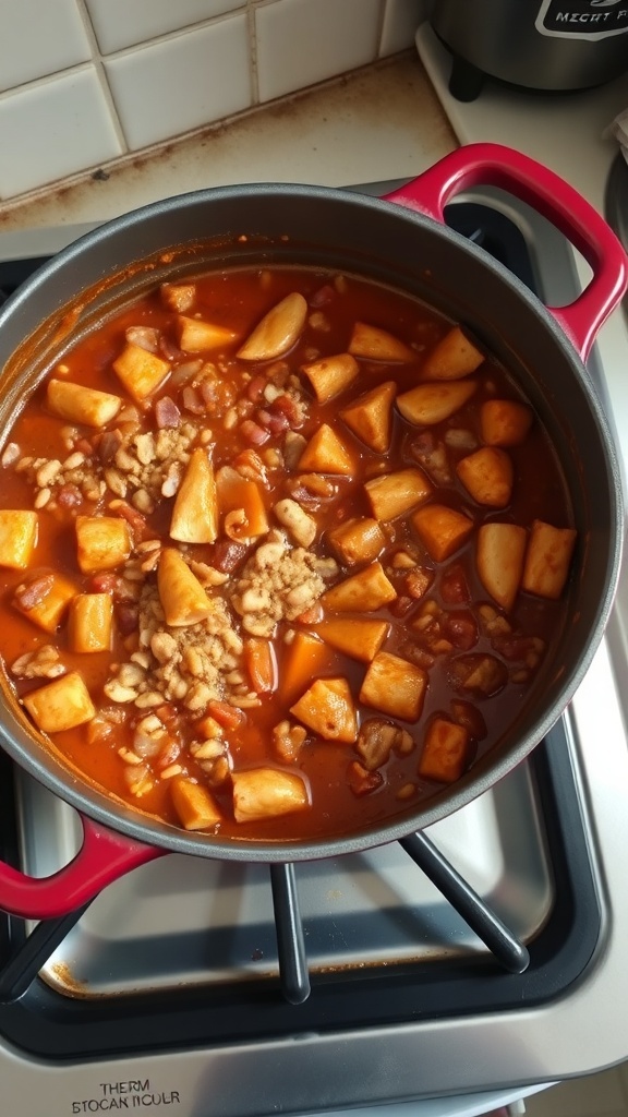 A pot of jambalaya with chicken, shrimp, sausage, and vegetables simmering together.