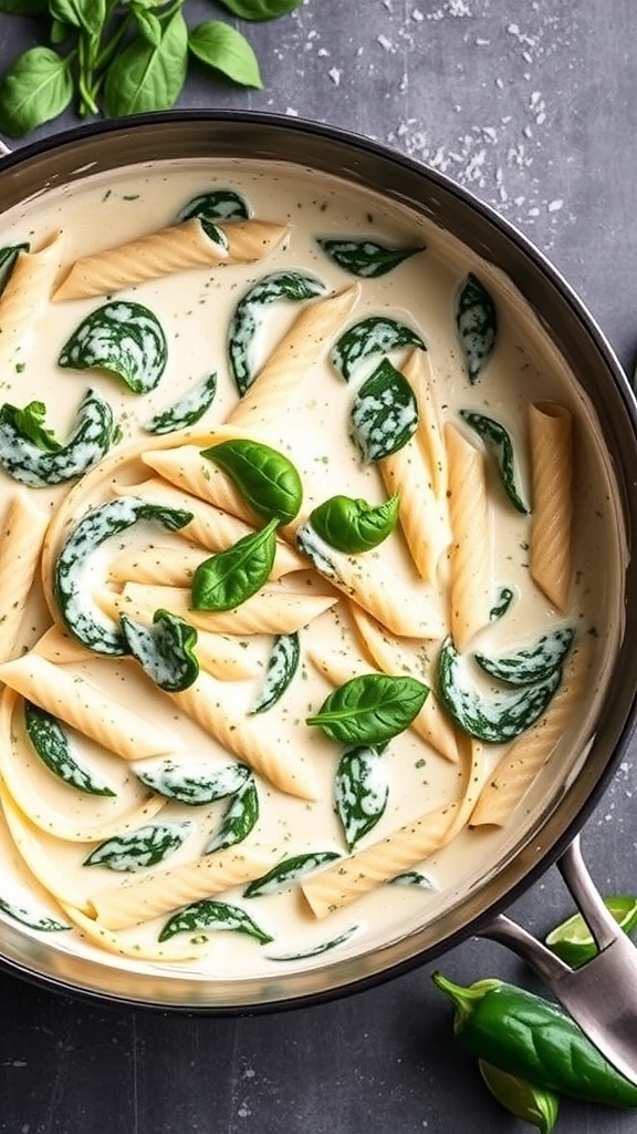 A pot of creamy spinach and ricotta pasta with fresh spinach leaves.