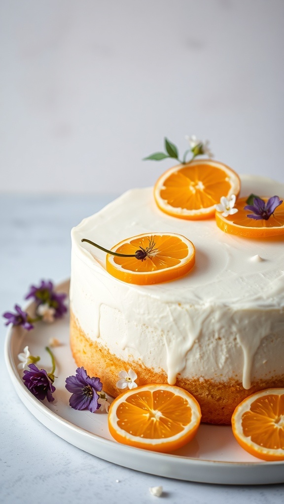 A beautifully decorated Orange Blossom Cake with orange slices and flowers on top.
