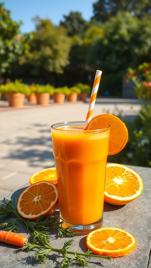 A glass of orange carrot smoothie with fresh oranges and a carrot on the side