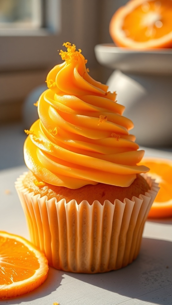 Orange Creamsicle Cupcake with vibrant orange frosting and orange slices