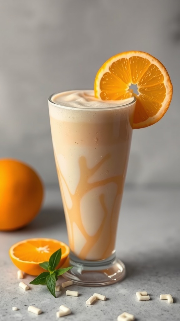 A refreshing orange creamsicle smoothie in a tall glass, garnished with an orange slice and surrounded by white chocolate pieces.